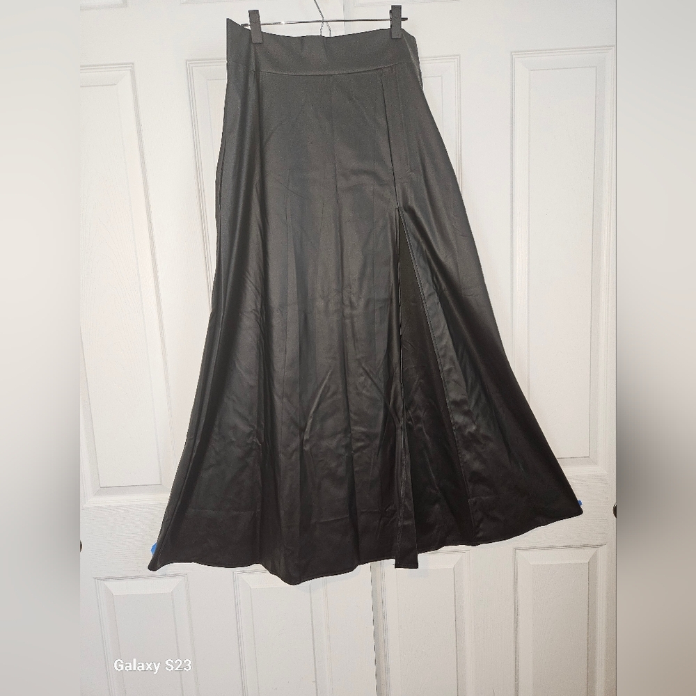  Women's Black Faux Leather Maxi Thigh Slit Skirt A Line